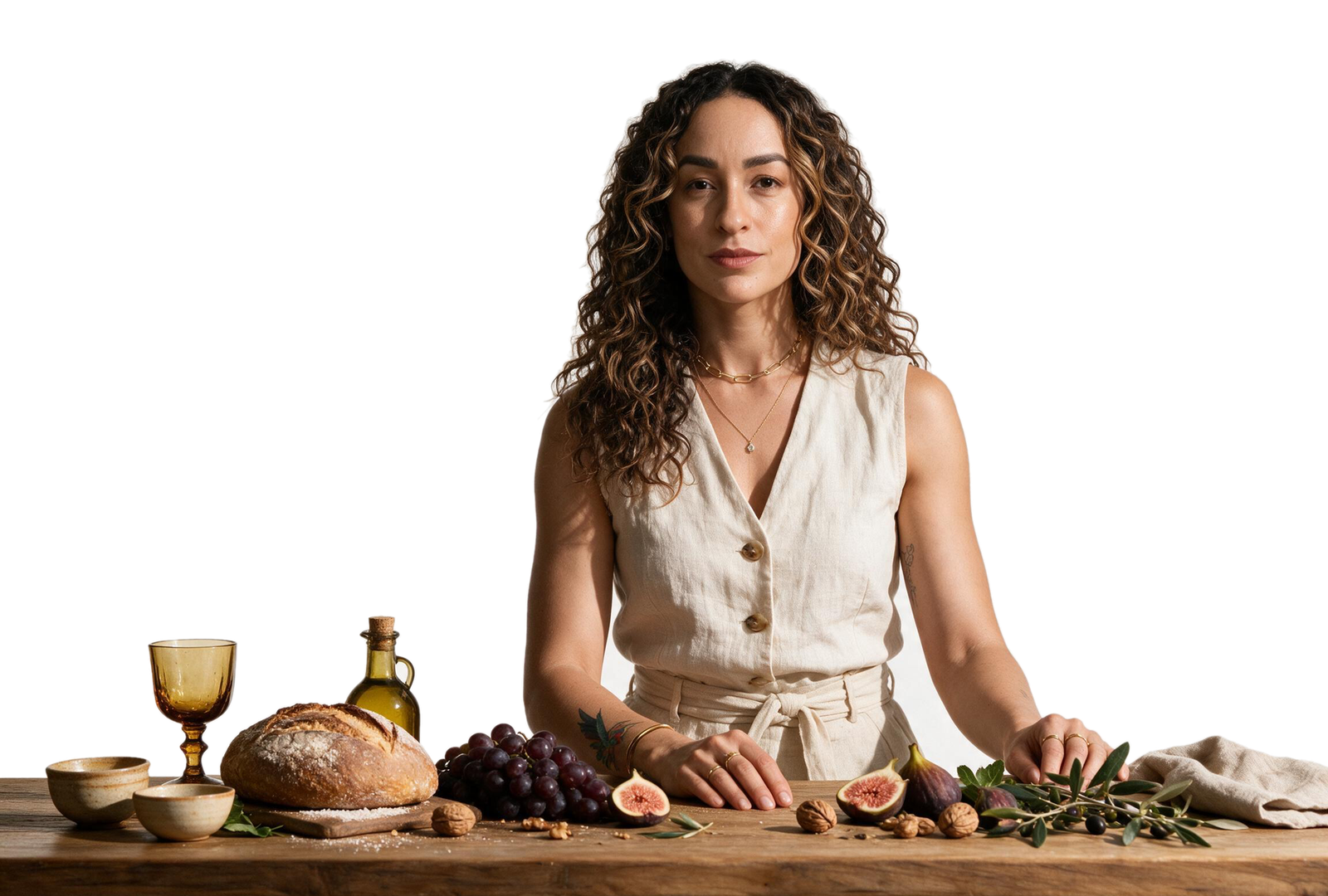 Luana à mesa, com pão, uvas e ramos de oliveira